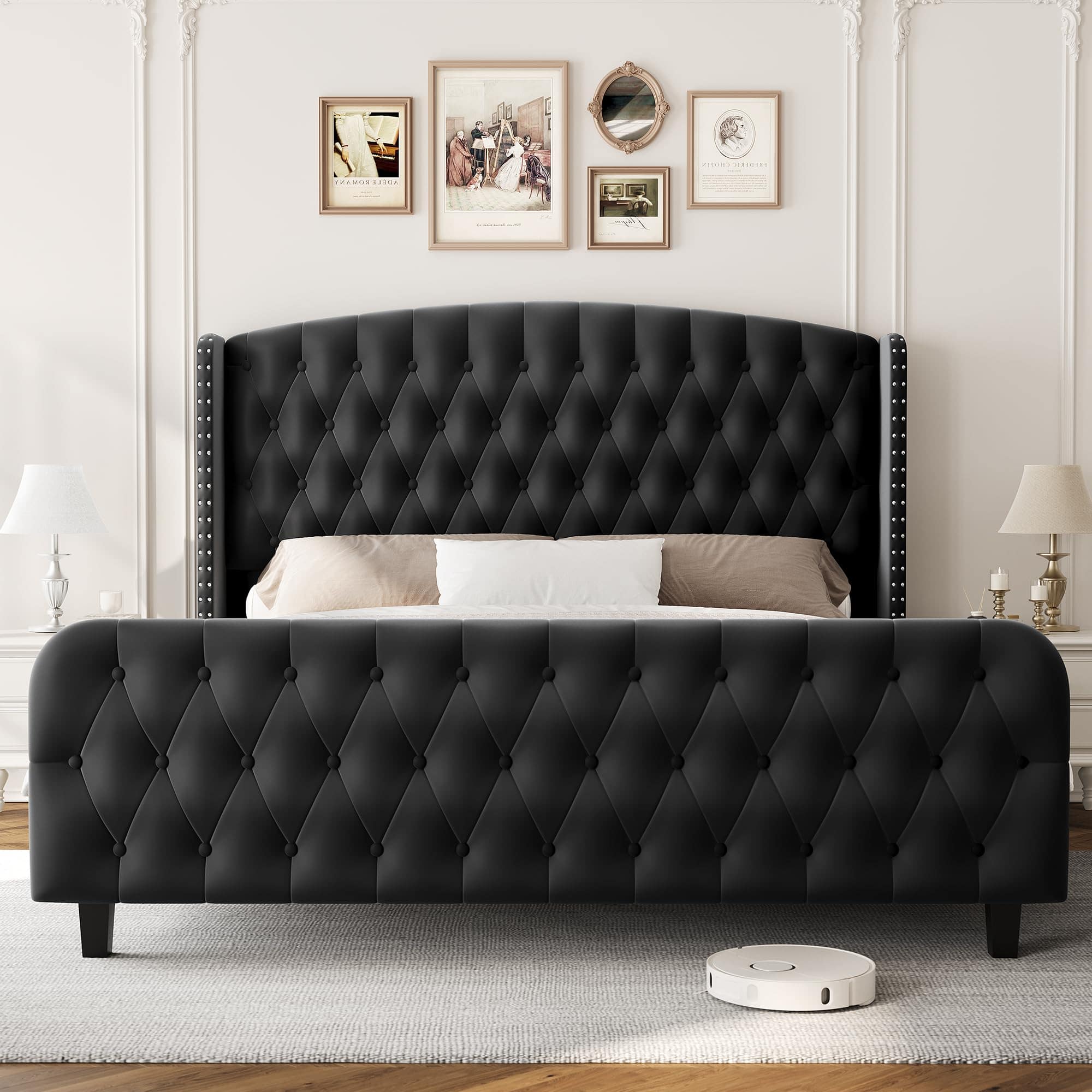 GARVEE - Bed Frame with Deep Button Tufted Wingback Headboard and Footboard, Velvet Upholstered Platform Bed Frame - Black