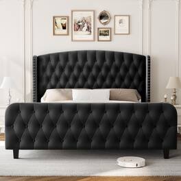 GARVEE - Bed Frame with Deep Button Tufted Wingback Headboard and Footboard, Velvet Upholstered Platform Bed Frame - Black