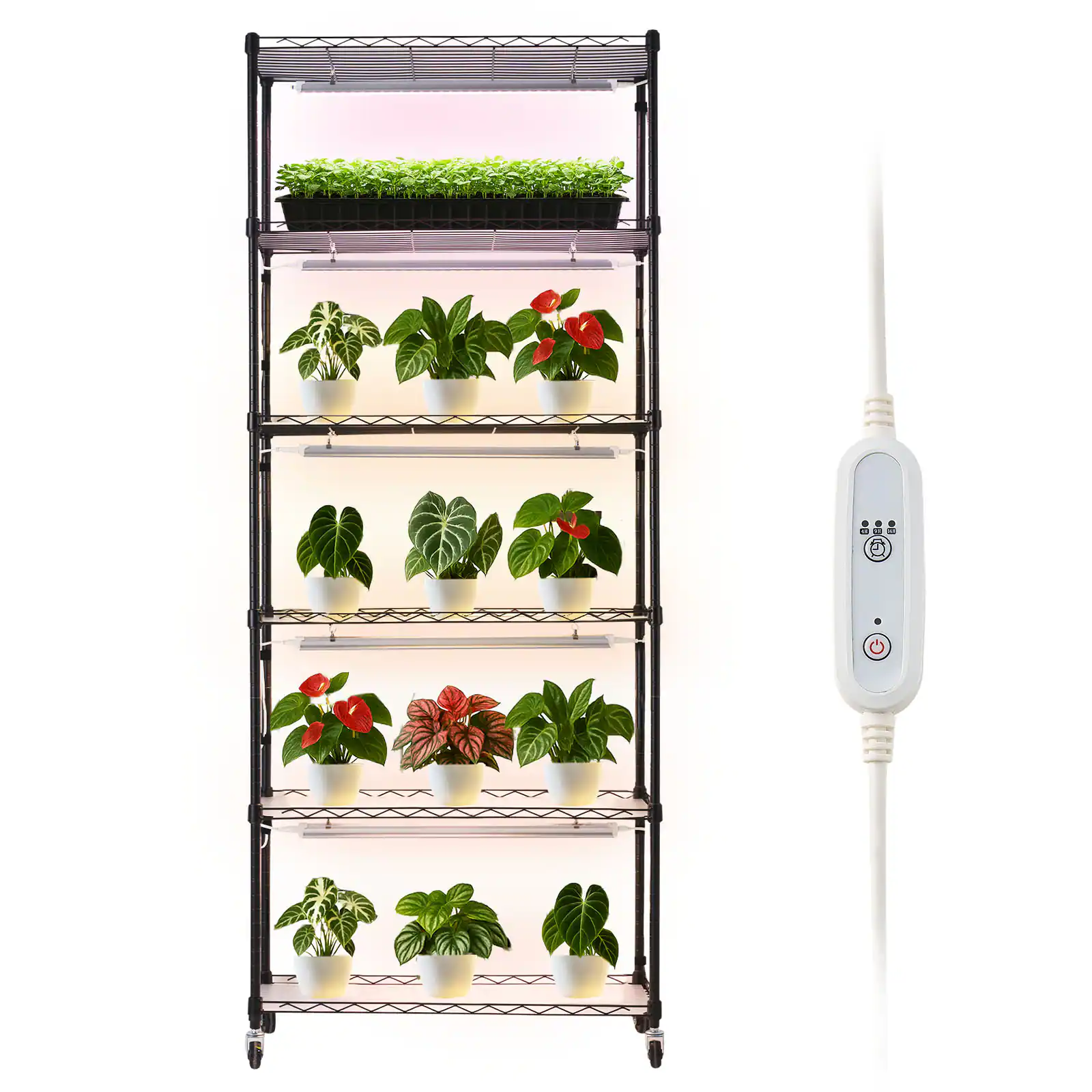 Front. VEVOR - Plant Shelf with Grow Light, 6-Tier Indoor Plant Stand, 71in Tall Plants Display Rack with Wheels & 4/9/14H Timer - Black.