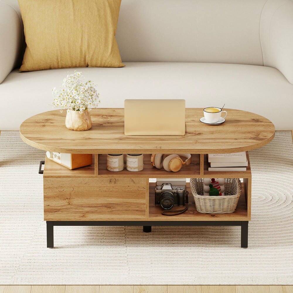 Back. Kadyn - 47" Oval Coffee Table with Storage Compartment and Open Shelf, Natural Finish - Brown.
