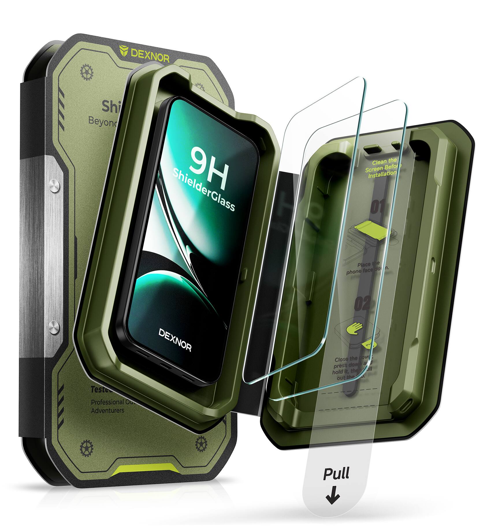 DEXNOR  
ShielderGlass 9H  
Clean the Screen Before Installation  
01 Place the phone face down  
Teste Professional OU Adventurers  
DEXNOR  
02 Close the phone down and press it, then pull it out
