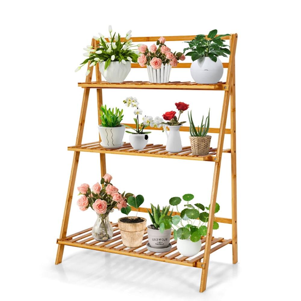 Angle. Kadyn - Raised Planter Stand, Large Space Flower Rack Shelf,3-Tier Bamboo Foldable Plant Stand with Display Shelf Rack-Natural.