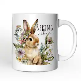 OrnamentallyYou - Artistic Watercolor Spring Vibes Mug, Floral Bunny - White