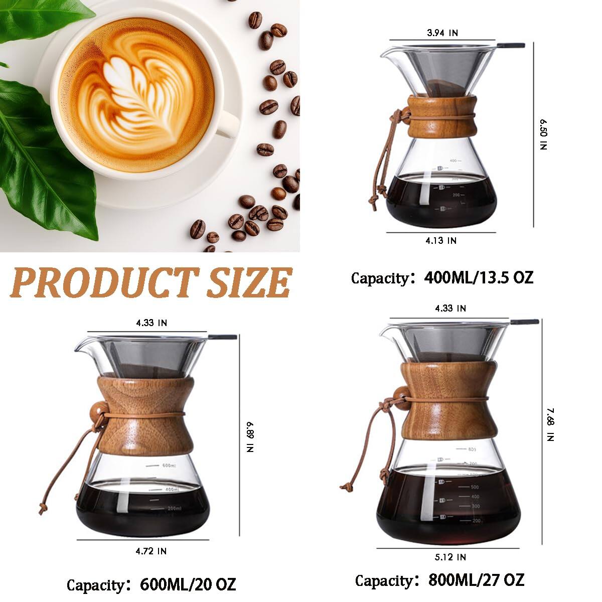 **PRODUCT SIZE**

- **400ML/13.5 OZ**
  - Height: 6.50 IN
  - Width: 4.13 IN
  - Depth: 3.94 IN

- **600ML/20 OZ**
  - Height: 6.89 IN
  - Width: 4.72 IN
  - Depth: 4.33 IN

- **800ML/27 OZ**
  - Height: 7.68 IN
  - Width: 5.12 IN
  - Depth: 4.33 IN