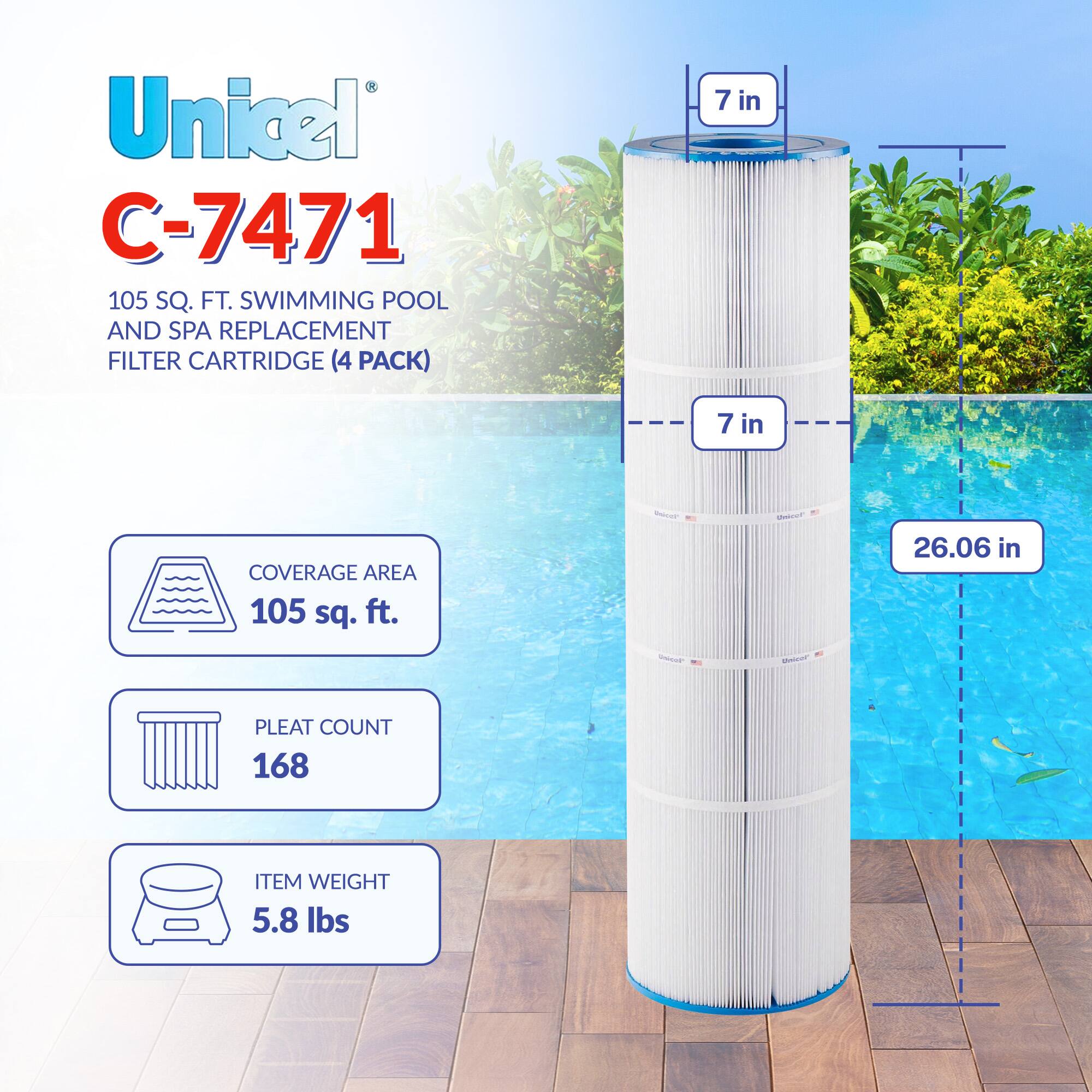Unicel C-7471  
105 SQ. FT. SWIMMING POOL AND SPA REPLACEMENT FILTER CARTRIDGE (4 PACK)  

- COVERAGE AREA: 105 sq. ft.  
- PLEAT COUNT: 168  
- ITEM WEIGHT: 5.8 lbs  

Dimensions:  
- 7 in (top diameter)  
- 7 in (bottom diameter)  
- 26.06 in (height)