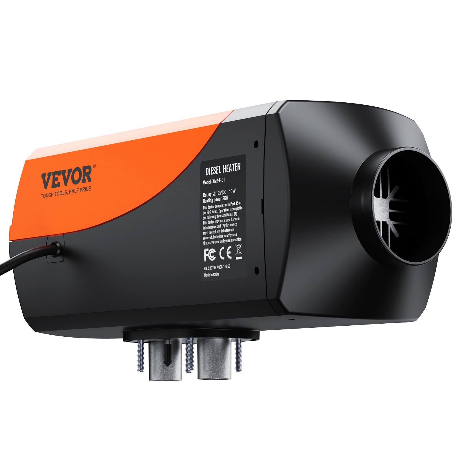 VEVOR TOOLS, TOUGH TOOLS, HALF PRICE

DIESEL HEATER  
Model: XM2-F-01  
Rating(s): 12VDC 40W  
Heating power: 2KW  

The diesel heater with the 12VDC power supply is designed for use in a vehicle.  
The diesel heater may not be used in a confined space.  
This diesel heater cannot be used in a vehicle.  

FC CE  
SK 200705 4808 10867  
Made in China