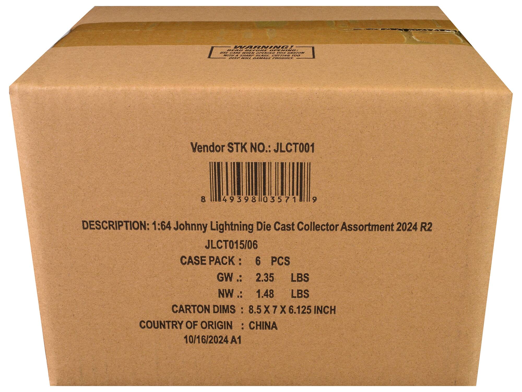 **Vendor STK NO.:** JLCT001

**DESCRIPTION:** 1:64 Johnny Lightning Die Cast Collector Assortment 2024 R2

**CASE PACK:** 6 PCS

**GW:** 2.35 LBS

**NW:** 1.48 LBS

**CARTON DIMS:** 8.5 X 7 X 6.125 INCH

**COUNTRY OF ORIGIN:** CHINA

**DATE:** 10/16/2024 A1