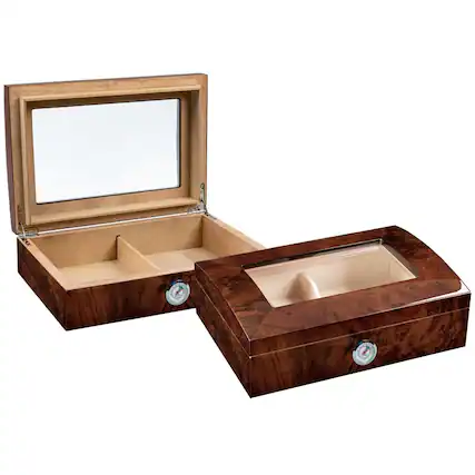 Front. Prestige - Stanford Cigar Humidor - High Gloss Walnut Burl Finish.