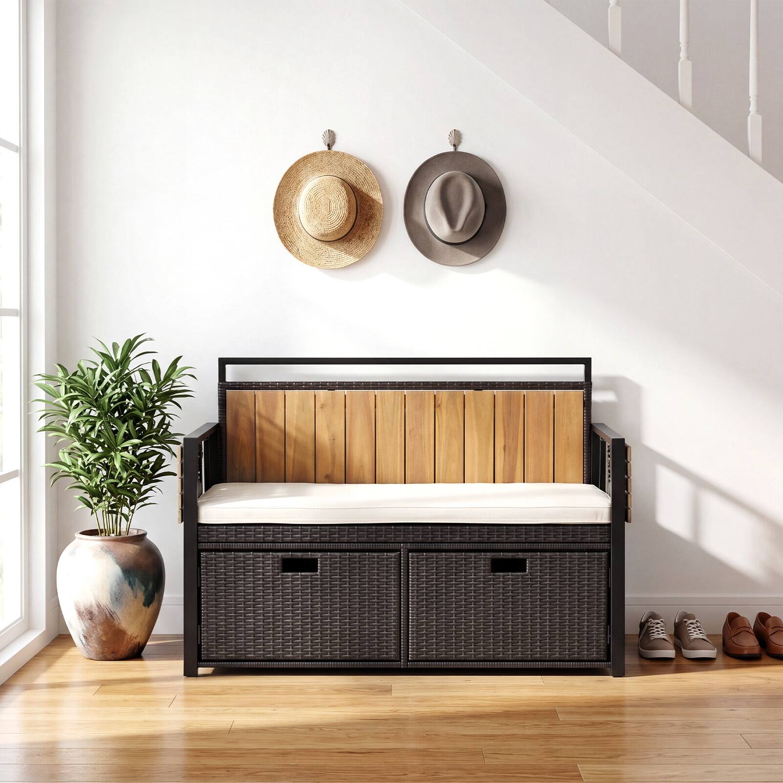 Alt View 1. Costway - Costway Patio Storage Bench with 2 Folding Side Tables,2-Seater Rattan Bench Seat with Cushion - Brown + White + Natural.