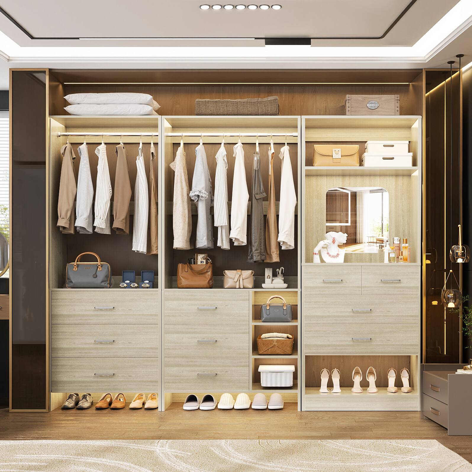 Left. Aheaplus - 79'' Wide Closet System Set, Closet Storage & Organization Unit with 10 Drawrs & 2 Hanging Rods, 3 Packs - Beige Oak.