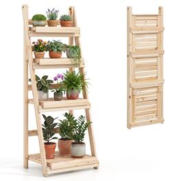 Costway - 4-Tier Plant Stand Foldable Ladder Plant Shelf with Slatted Shelves, Fir Wood Frame - Natural