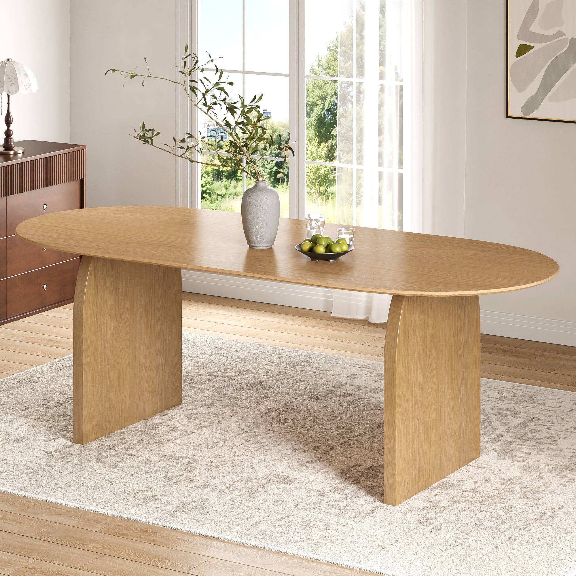 Angle. Lirago - 79" Solid Wood Oval Dining Table with Double Pedestal Large Kitchen Table Seats 6-8 or More for Dining Room - Natural.