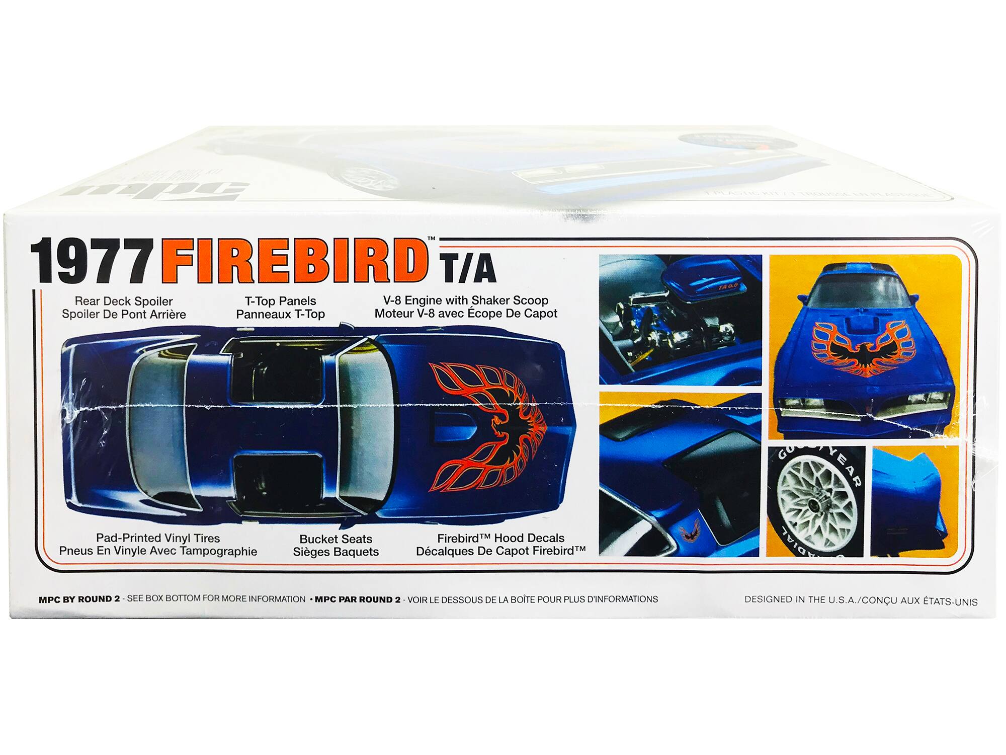 1977 FIREBIRD T/A  
Rear Deck Spoiler  
T-Top Panels  
V-8 Engine with Shaker Scoop  
Pad-Printed Vinyl Tires  
Bucket Seats  
Firebird™ Hood Decals  

Spoiler De Pont Arrière  
Panneaux T-Top  
Moteur V-8 avec Écope De Capot  
Pneus En Vinyle Avec Tampographie  
Sièges Baquets  
Décals De Capot Firebird™  

MPC BY ROUND 2 - SEE BOX BOTTOM FOR MORE INFORMATION  
MPC PAR ROUND 2 - VOIR LE DESSOUS DE LA BOITE POUR PLUS D'INFORMATIONS  

DESIGNED IN THE U.S.A./CONÇU AUX ÉTATS-UNIS