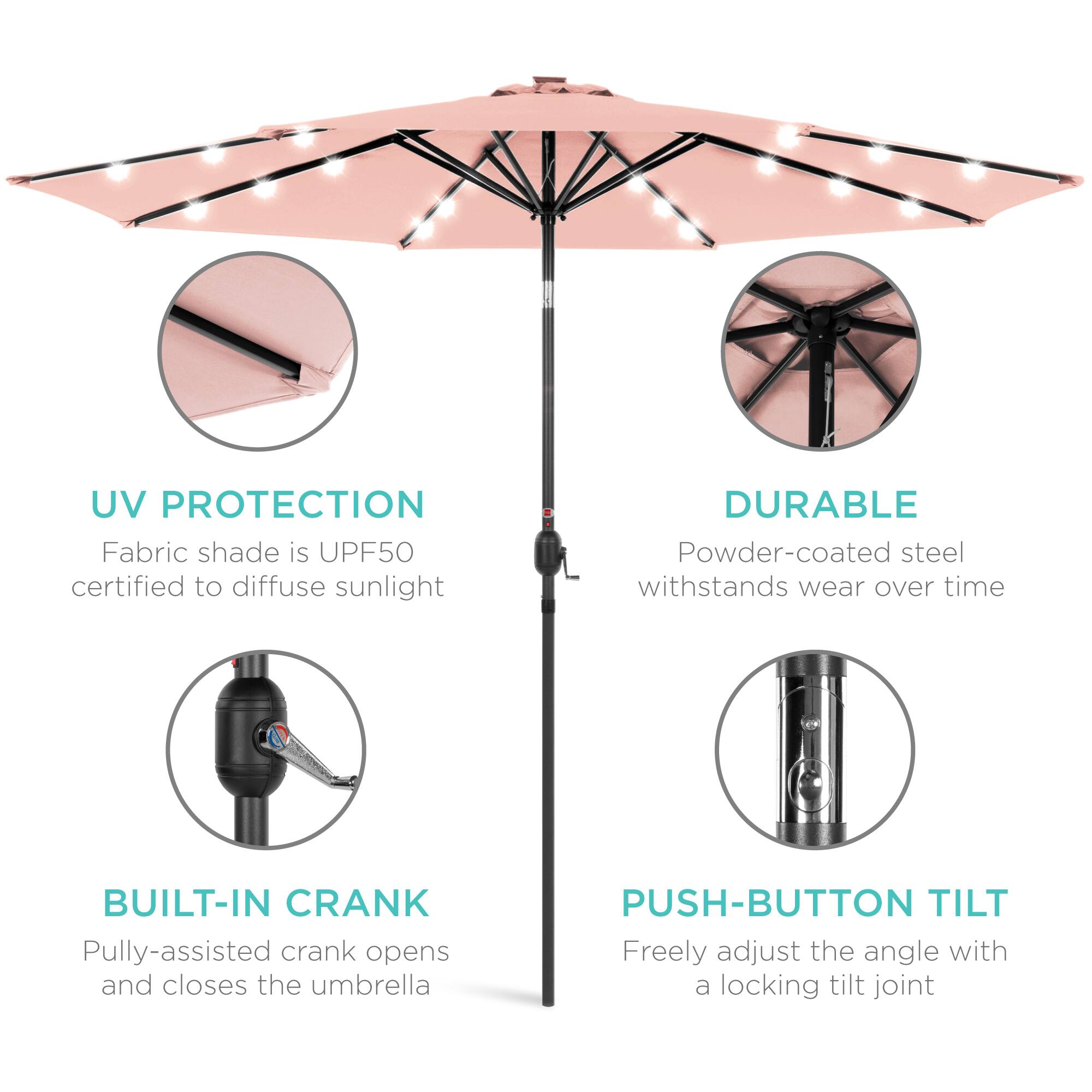 UV Protection: Fabric shade is UPF50 certified to diffuse sunlight.  
Durable: Powder-coated steel withstands wear over time.  
Built-in Crank: Pulley-assisted crank opens and closes the umbrella.  
Push-button Tilt: Freely adjust the angle with a locking tilt joint.