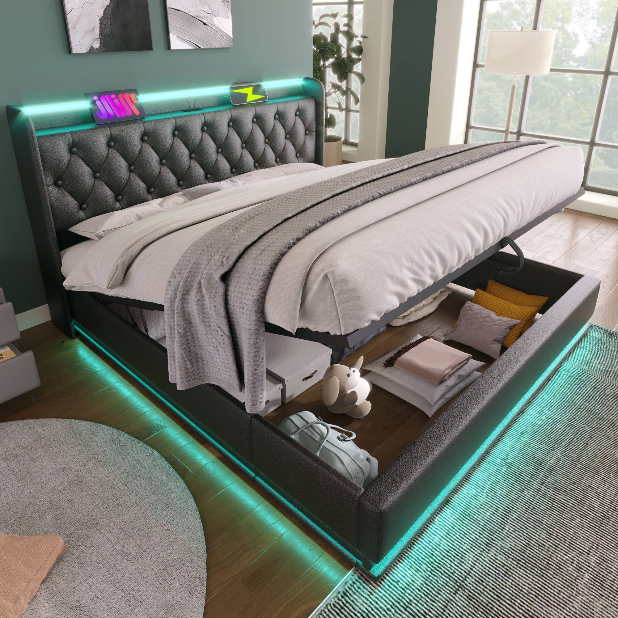 Alt View 8. GOODSILO - Full Size Upholstered Bed with LED Lighting, Hydraulic Storage, and USB Charging - Black.