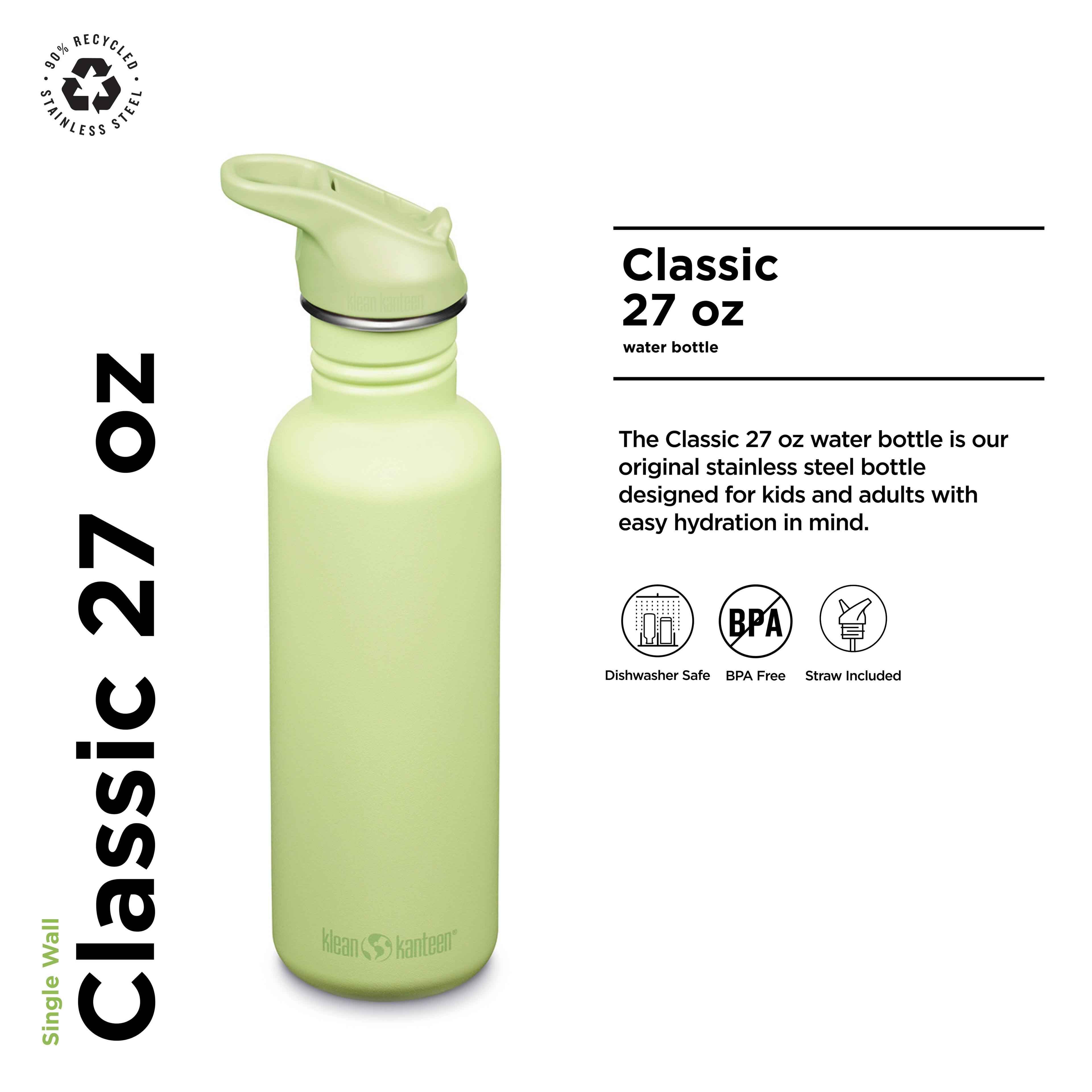 90% RECYCLED STAINLESS STEEL  
NO 27 Single Wall Classic Klean Kanteen Classic 27 oz water bottle  

The Classic 27 oz water bottle is our original stainless steel bottle designed for kids and adults with easy hydration in mind.  
BP Dishwasher Safe BPA Free Straw Included  

Classic 27 oz  
water bottle  

The Classic 27 oz water bottle is our original stainless steel bottle designed for kids and adults with easy hydration in mind.  

Dishwasher Safe  
BPA Free  
Straw Included