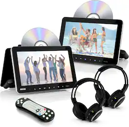 Pyle - PLHRDVD108KT Universal Dual Vehicle Headrest Monitor 10.5” CD/DVD Player, HDMI, Wireless Headphones