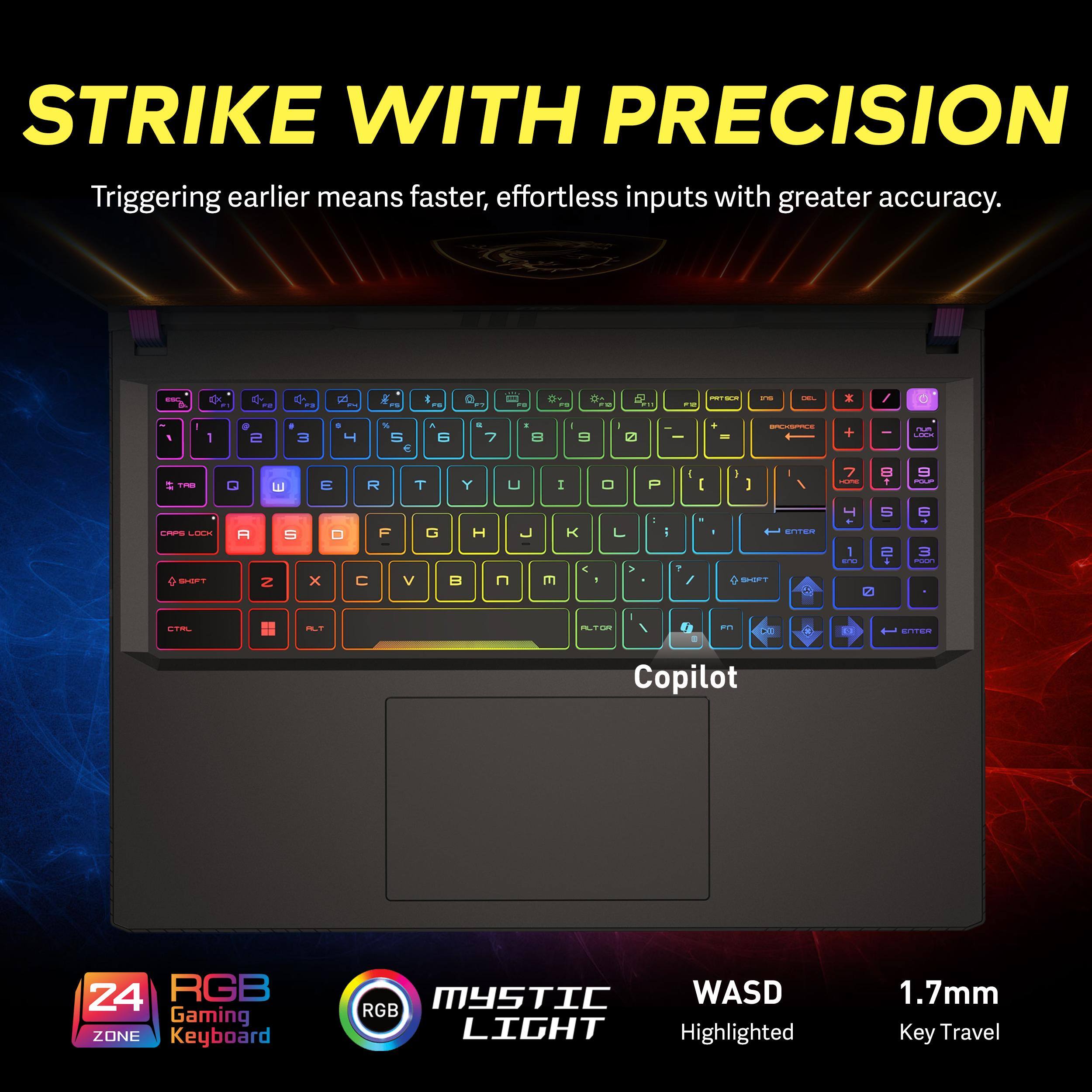 STRIKE WITH PRECISION  
Triggering earlier means faster, effortless inputs with greater accuracy.

ESC  
F2  
F2  
a  
F3  
FE  
F1  
F2  
ro  
F12  
2 #11  
PRISE F12  
I'S  
DEL  
0  
,  
I  
1  
0 2  
3  
5  
% 5  
A 6  
a 7  
" 8  
- 9  
0  
- -  
+ =  
BROKSPICE  
+  
-  
num LOOK  
TAB CRPS LOCK SHIFT  
Q A  
E S 2  
E D X  
R F  
T G  
Y H  
U  
I 0  L < > E !  
P i  
I [ ? /  
I  
I I I / ENTER SHIFT  
7 -ONE 1 T 5 1 2 END 0  
9 FCLIF 6 3 POON  
CTRL  
ALT  
ALTOR  
I  
0  
FN  
..  
N  
ENTER  
Copilot  
24 RGB Gaming ZONE Keyboard  
MYSTIC WASD RGB LIGHT Highlighted  
1.7mm Key Travel