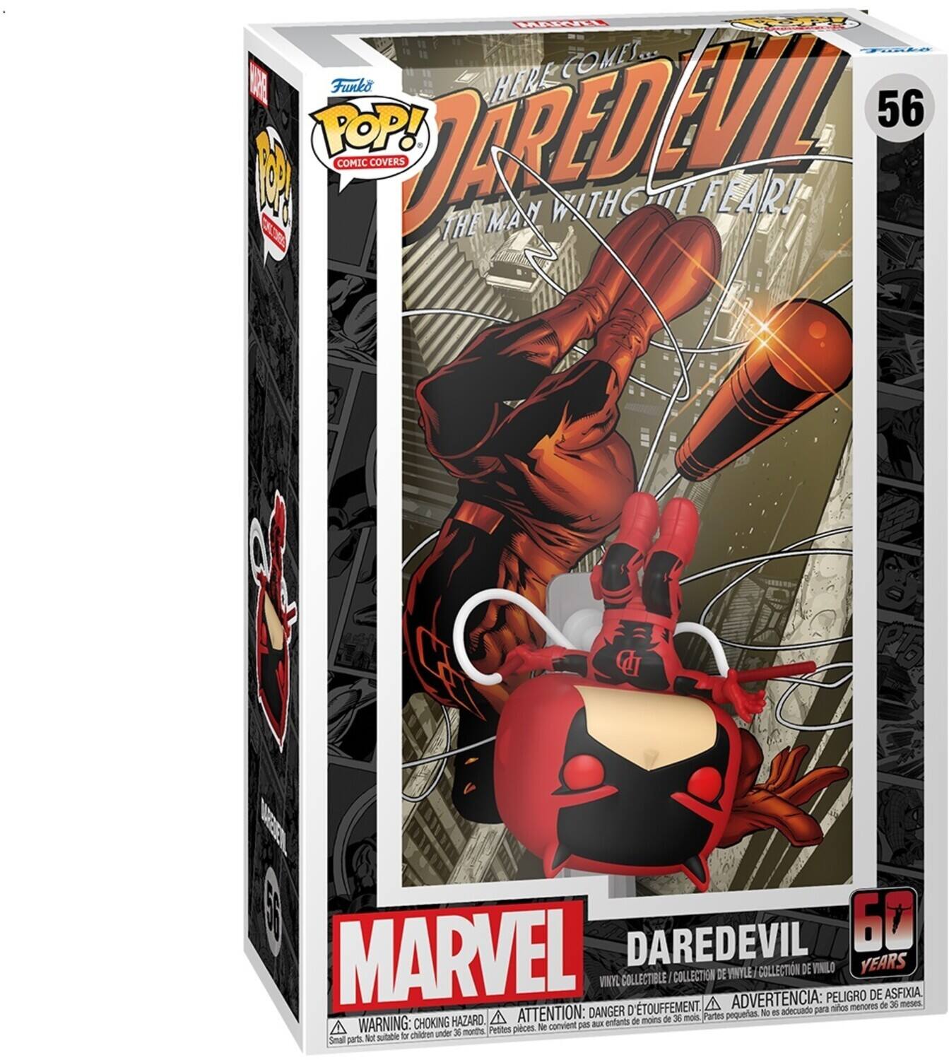 Sure, here is the corrected and grouped text from the image:

---

**Funko POP! Comic Covers**

**56**

**MARVEL**

**DAREDEVIL**

**60 YEARS**

**HERE COMES... DAREDEVIL**

**THE MAN WITHOUT FEAR!**

**VINYL COLLECTION / COLLECTION DE VINYLE / COLECCIÓN DE VINILLO**

**WARNING: CHOKING HAZARD - Small parts. Not suitable for children under 3 years.**

**ATTENTION: DANGER D'ÉTOUFFEMENT. - Petites pièces. Ne convient pas pour les enfants de moins de 3 ans.**

**ADVERTENCIA: PELIGRO DE ASFIXIA. - Partes pequeñas. No es adecuado para niños menores de 3 meses.**

---