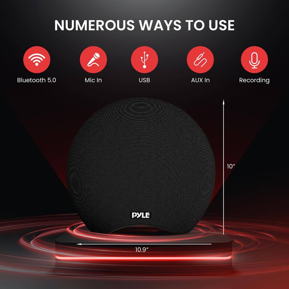 NUMEROUS WAYS TO USE

- Bluetooth 5.0
- Mic In
- USB
- AUX In
- Recording

10"

PYLE

10.9"