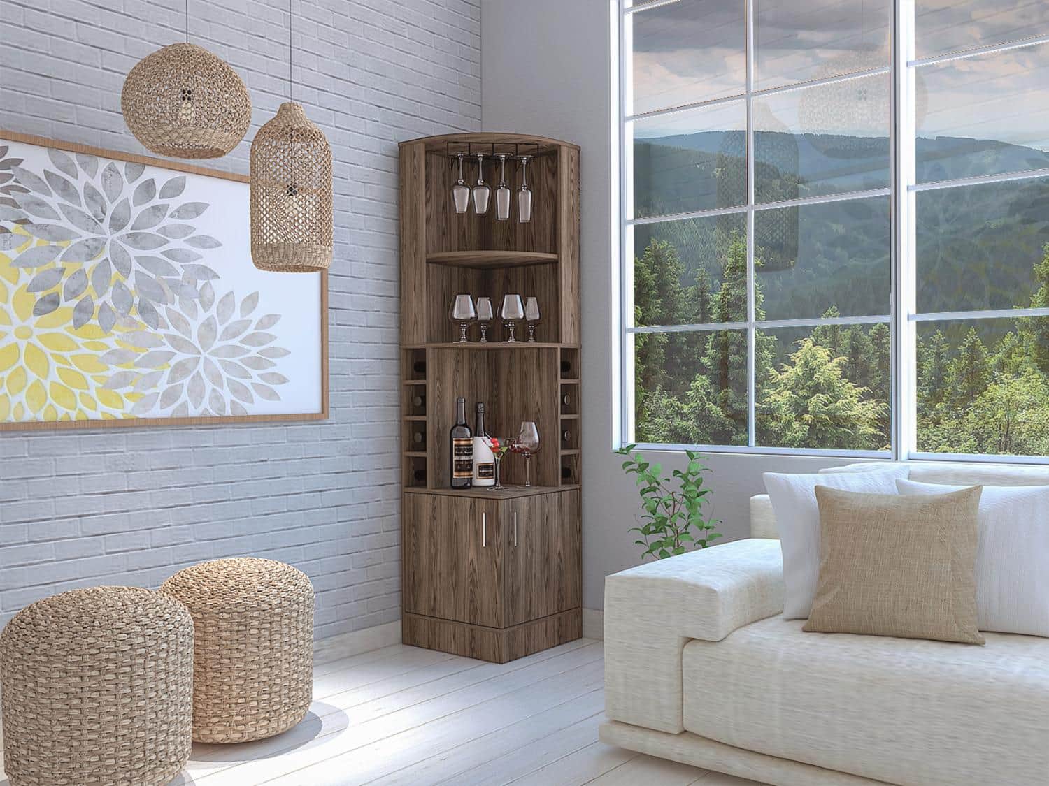 TuHome - Syrah Corner Bar Cabinet, Eight Bottle Cubbies, Double Door, Two Open Shelves, Bar Room or Living Room - Dark Walnut