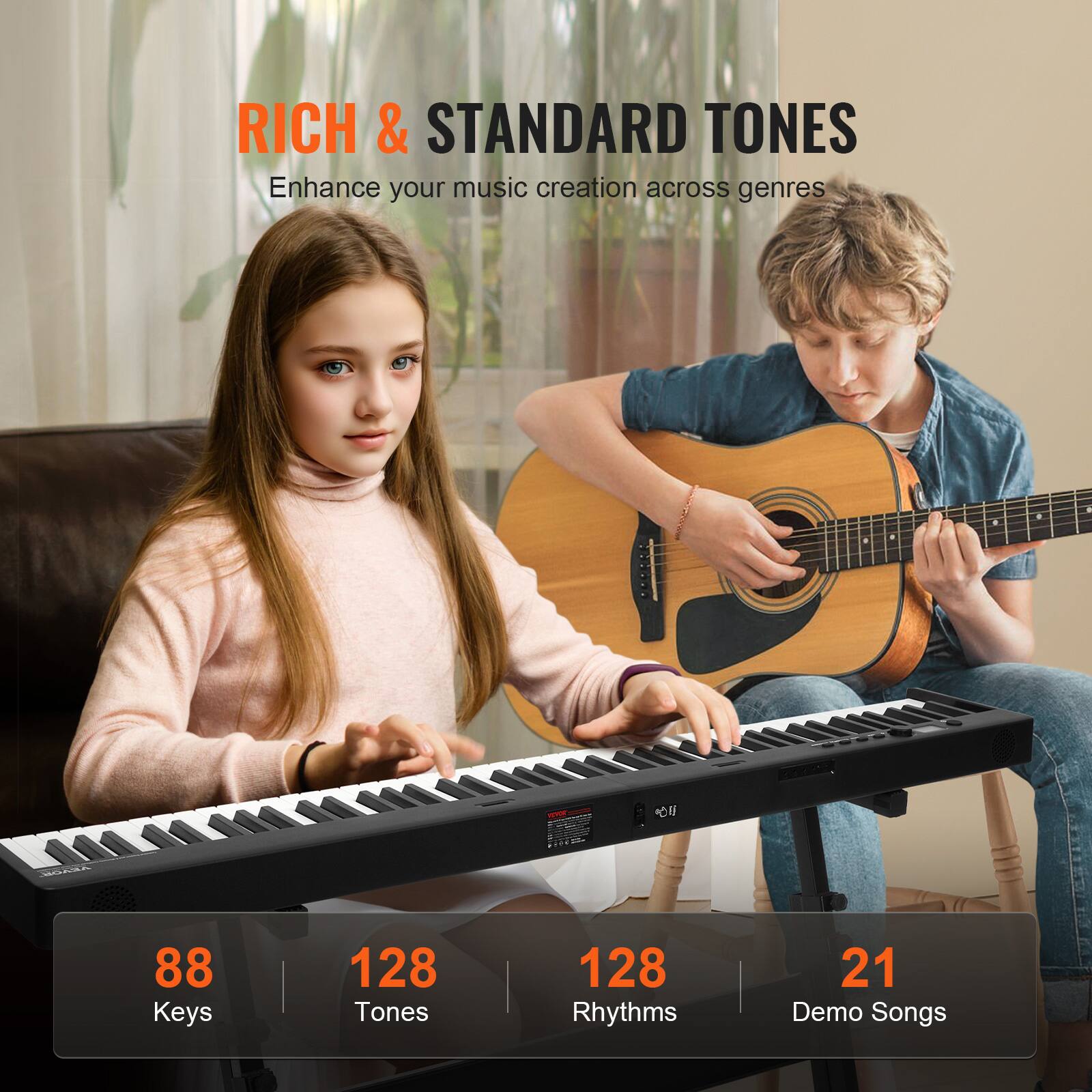RICH & STANDARD TONES  
Enhance your music creation across genres  

88 Keys  
128 Tones  
128 Rhythms  
21 Demo Songs