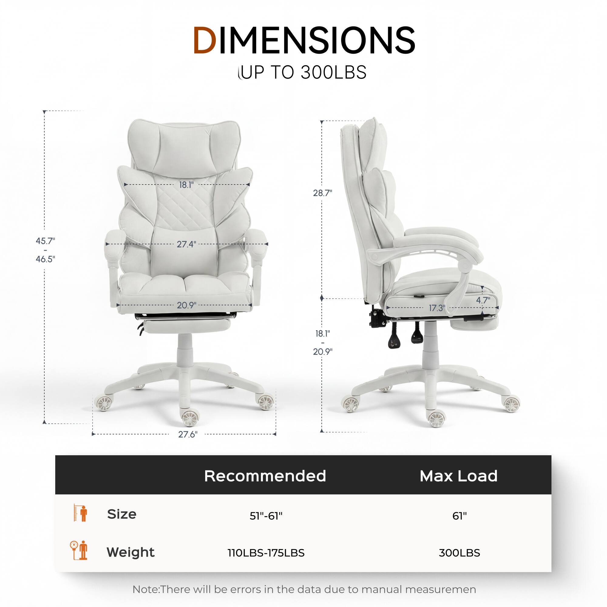 DIMENSIONS UP TO 300LBS

18.1" 28.7" 45.7" 46.5" 27.4" 20.9" 17.3" 4.7" 18.1" 20.9" 27.6"

Recommended Max Load Size
51"-61" 61"

Weight
110LBS-175LBS 300LBS

Note: There will be errors in the data due to manual measurement