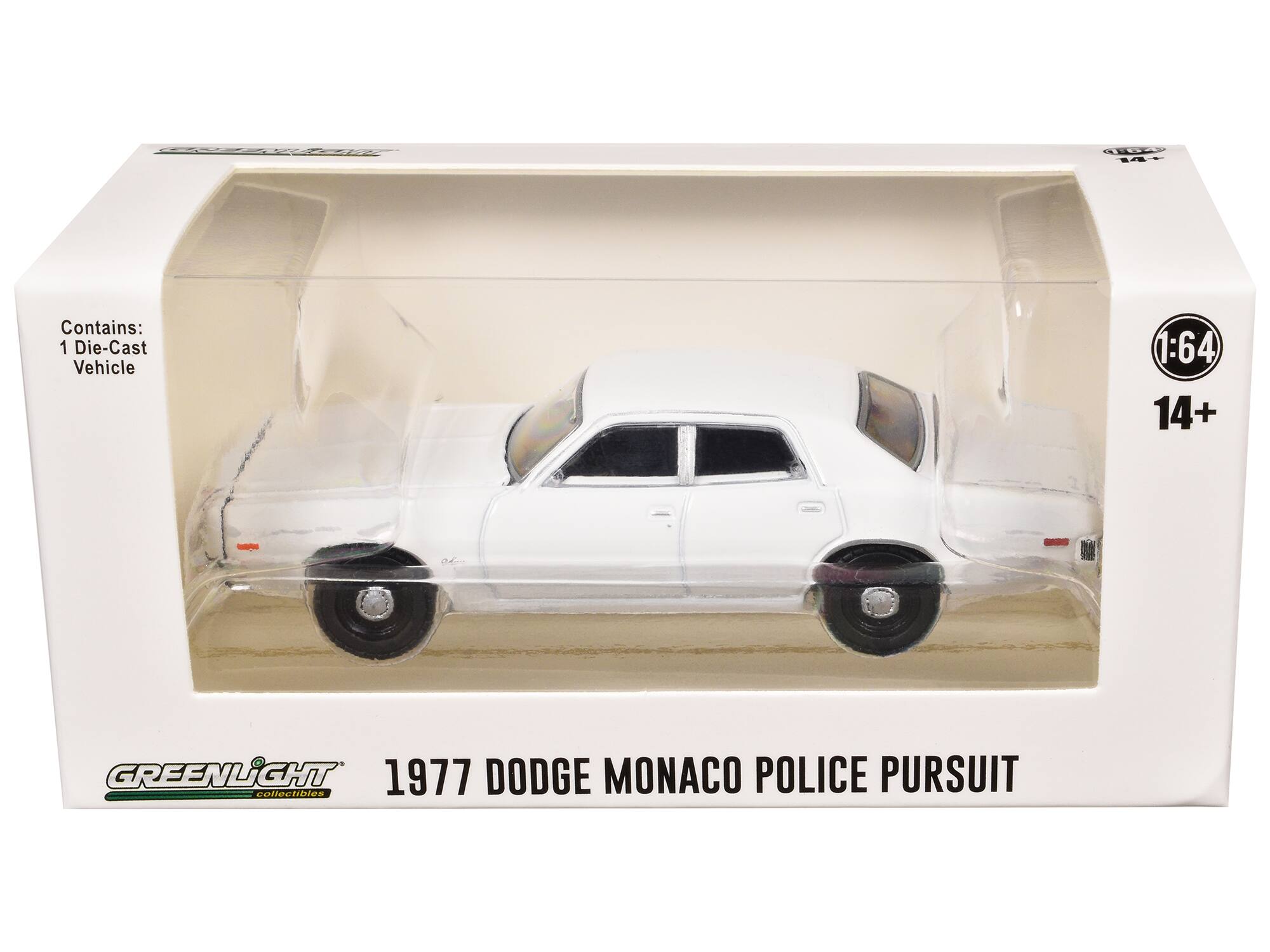 18 Contains: 1 Die-Cast Vehicle 1:64 14+ - GREENLIGHT 1977 DODGE MONACO POLICE PURSUIT collectibles

Corrected text:
Contains: 1 Die-Cast Vehicle
1:64
14+
GREENLIGHT collectibles
1977 DODGE MONACO POLICE PURSUIT