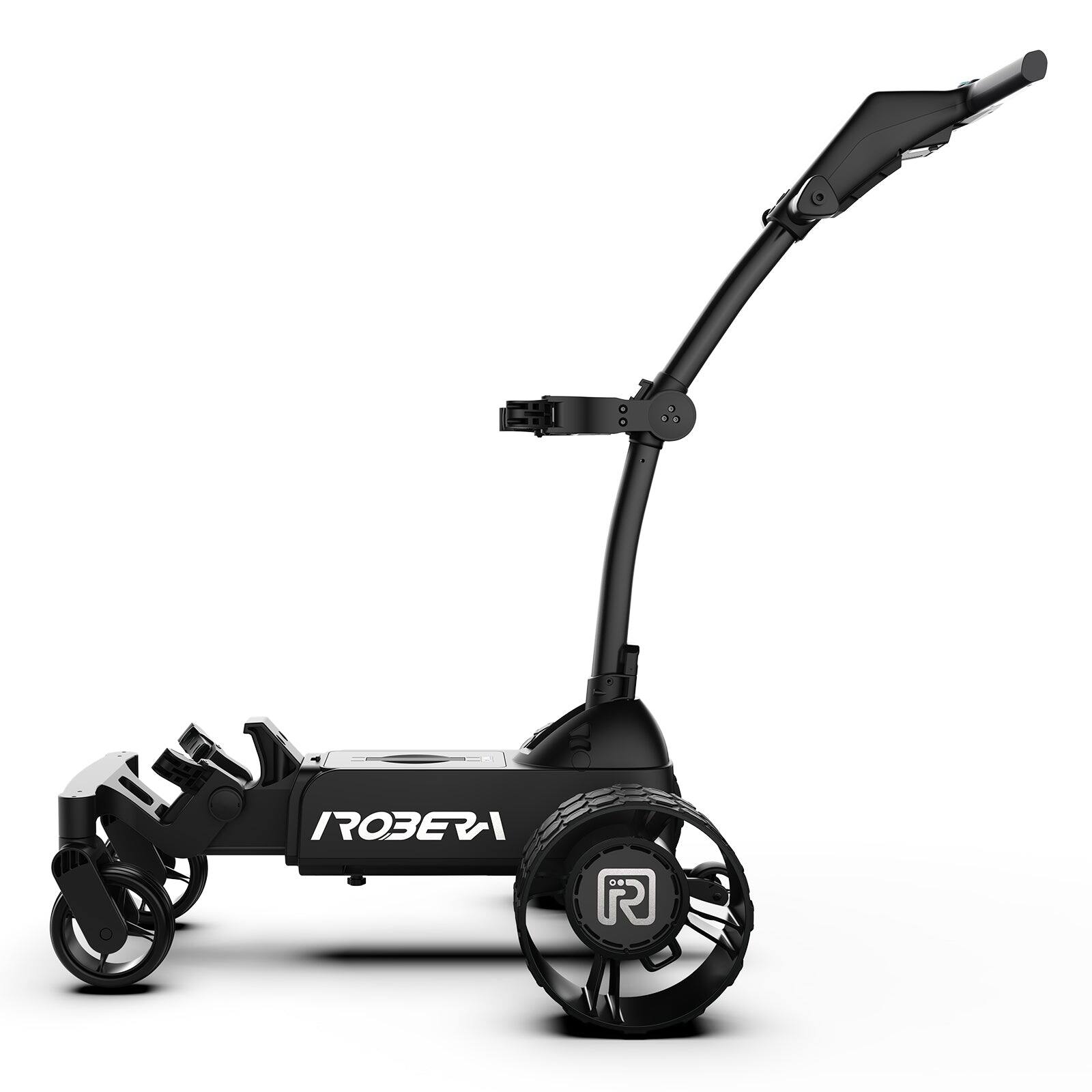 Left. Robera - AI Electric Golf Cart with Follow Me, Obstacle Avoidance, Speed/Remote Control, Power Assist, Foldable, 18 Hole Battery - Black.