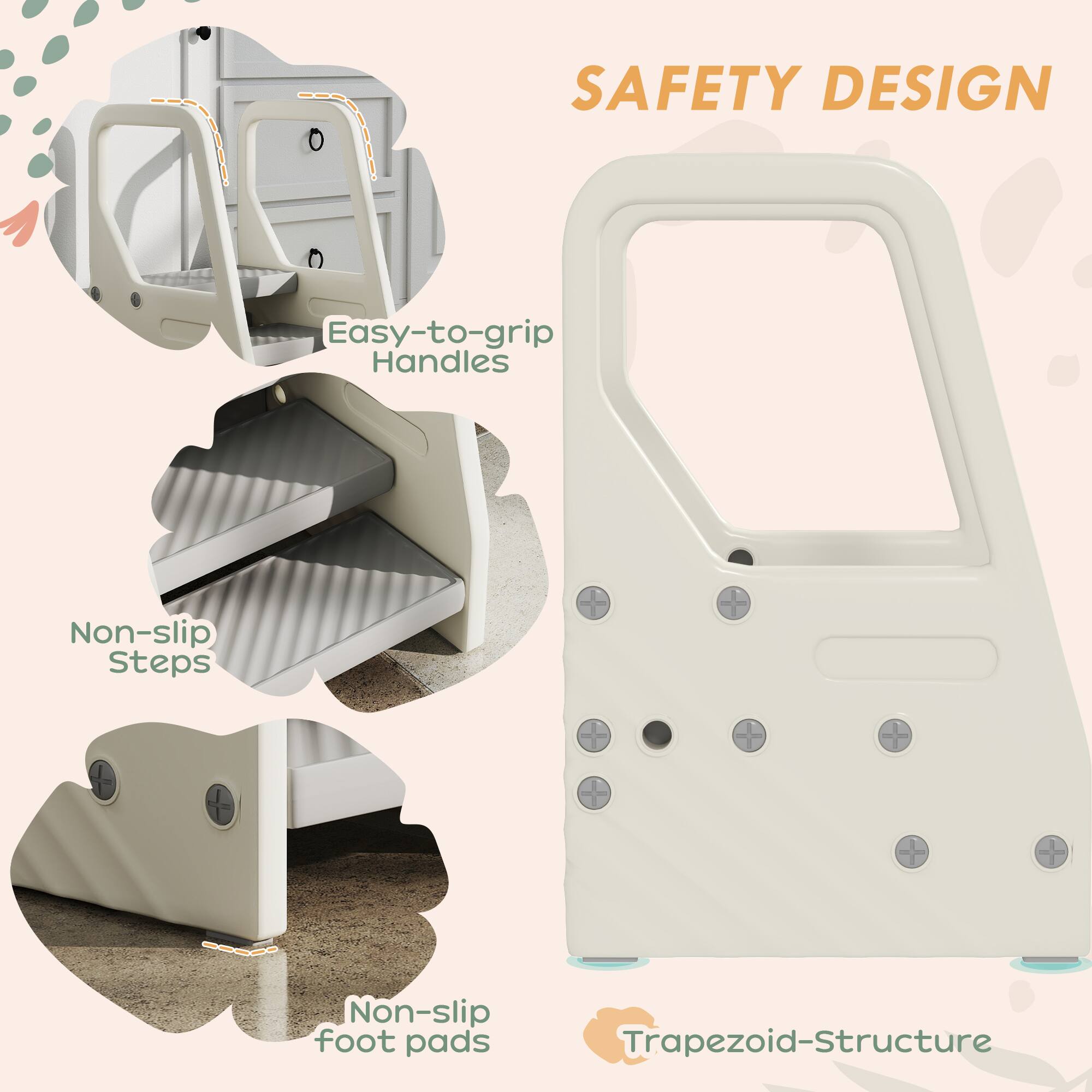 SAFETY DESIGN

- Easy-to-grip Handles
- Non-slip Steps
- Non-slip foot pads
- Trapezoid-Structure