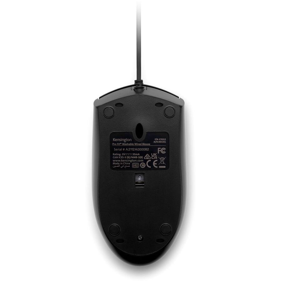 Kensington  
Pro Fit Washable Wired Mouse  
Serial # A2112A000082  
www.kensington.com  
Made in China  

FC  
CE  

Kensington PN CR2S M/NLOES4S  
Pr Washable Wired Mouse  
Serial a A2112A000082  
FC Rating W  
Amis UK CAN CES-3 (B)/NMB-3(8)  
www.kensington.com  
Made in China  
CE  
PE