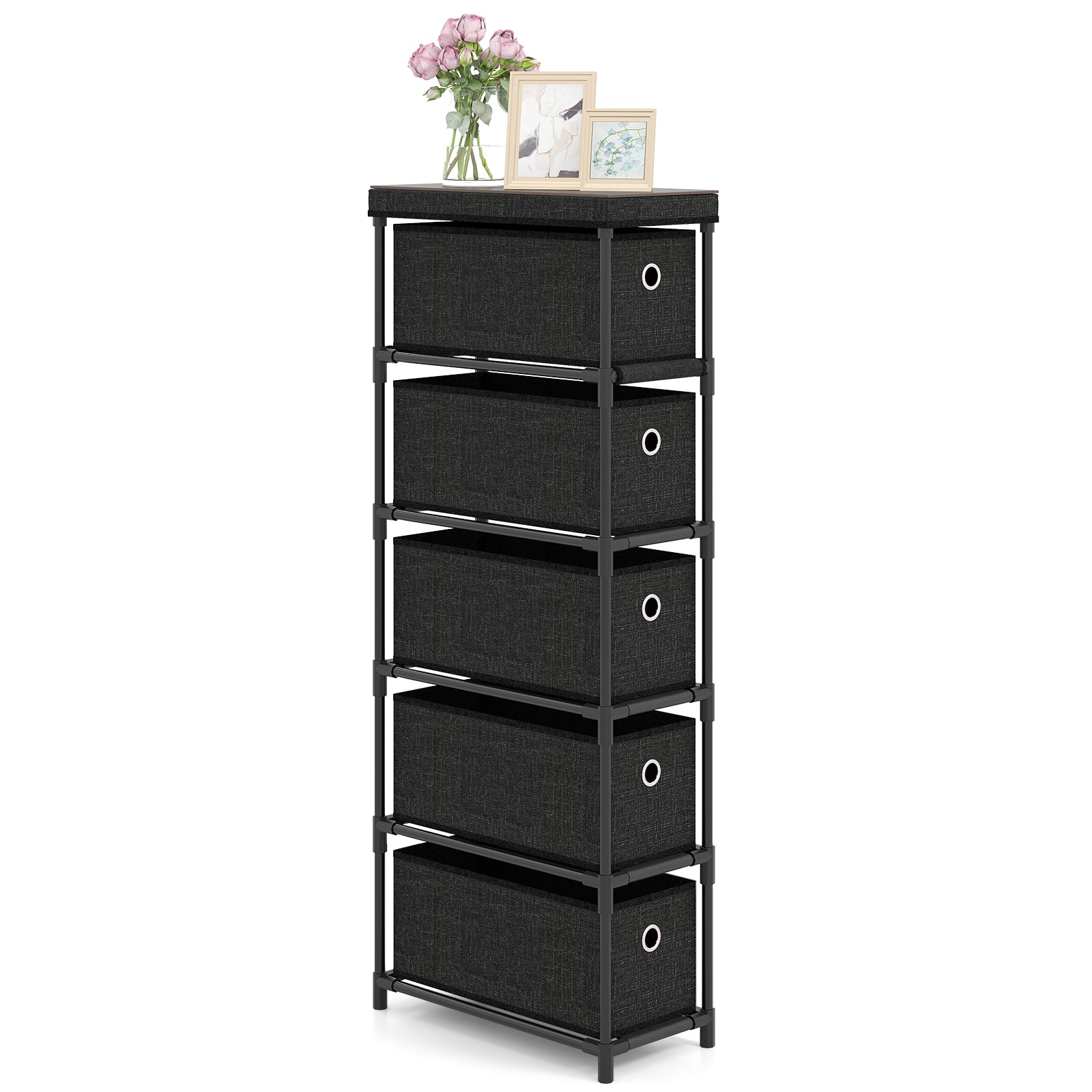 Gymax - Slim Dresser w/ 5-Drawer Anti-tip Kits Space-Saving Chest of 5 Fabric Drawers - Black