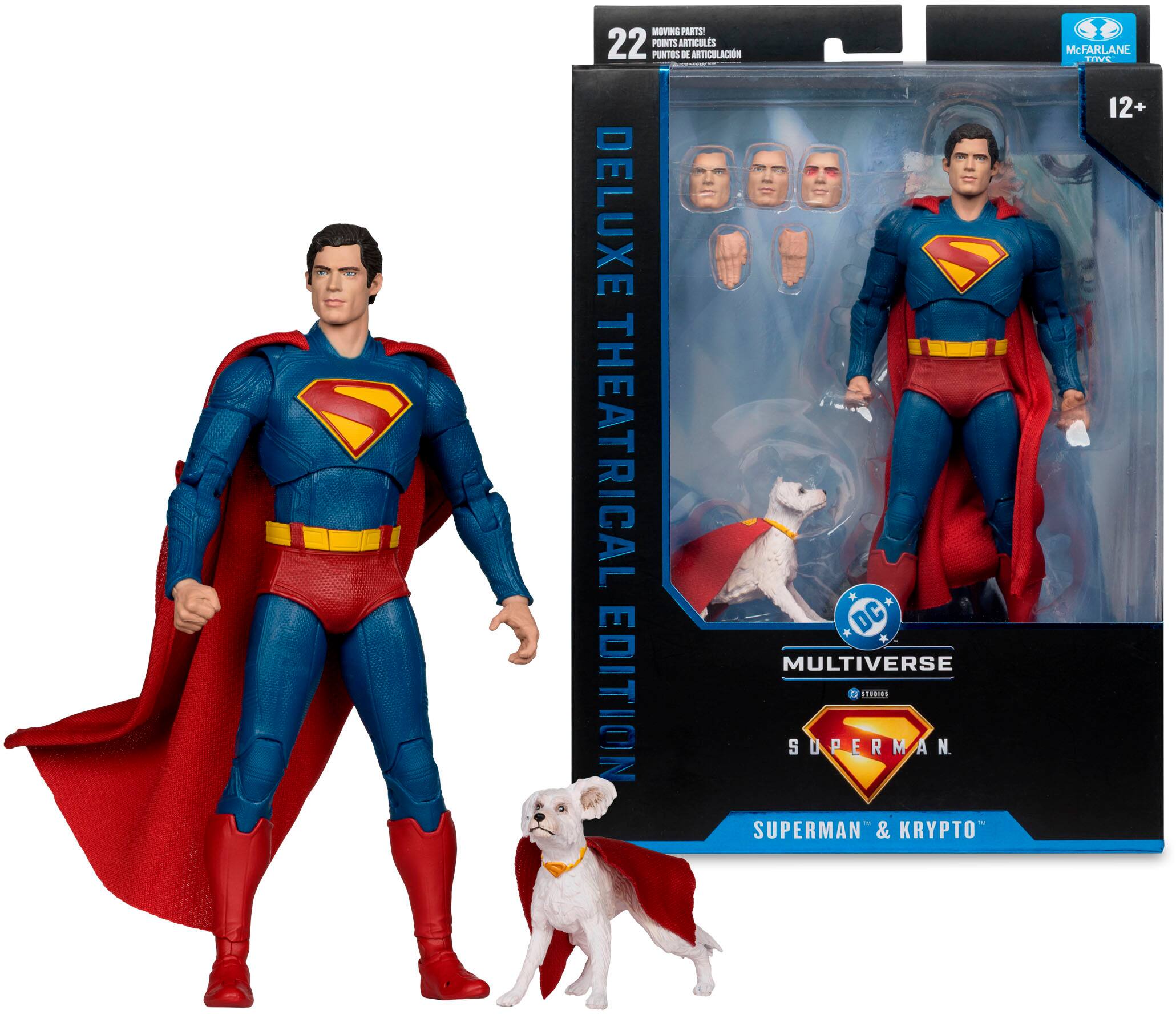 The image features a Superman action figure and a dog figure, both part of the DC Multiverse Edition. The action figure is wearing a cape and is posed next to the dog figure. The packaging for the action figure is displayed, showcasing the articulated parts and theatrical edition details. The Superman and Krypto figures are designed by McFarlane Toys.
