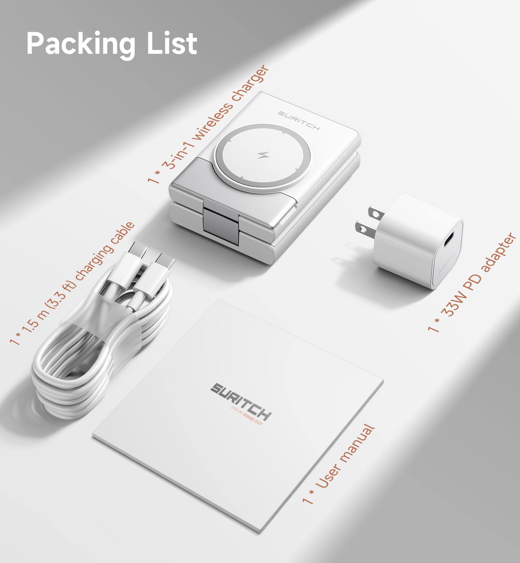 Packing List

- 1 * 3-in-1 wireless charger
- 1 * 1.5 m (3.3 ft) charging cable
- 1 * 33W PD adapter
- 1 * User manual