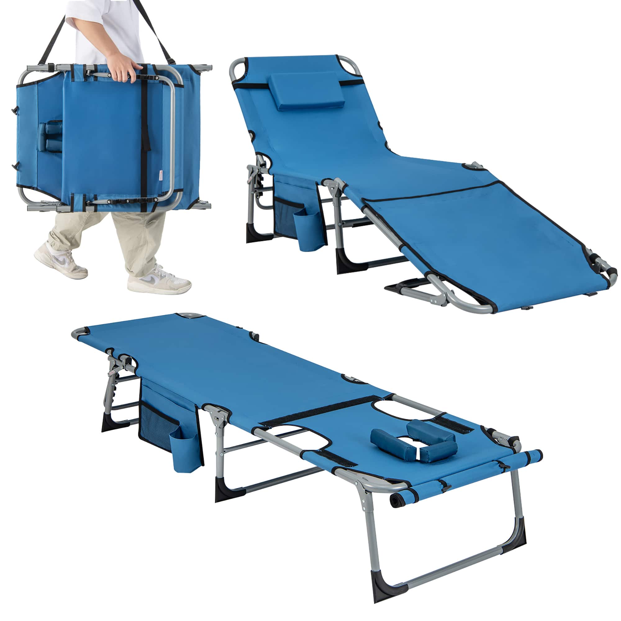 Gymax - Folding Chaise Lounge Chair Sunbathing Recliner w/ Face Hole & Removable Pillow - Beige, Blue price history on PriceWatchPro