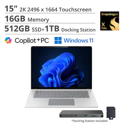 15" 2K 2496 x 1664 Touchscreen
16GB Memory
512GB SSD + 1TB
Docking Station
Copilot+PC
Windows 11
*Docking Station Included
Snapdragon X Elite