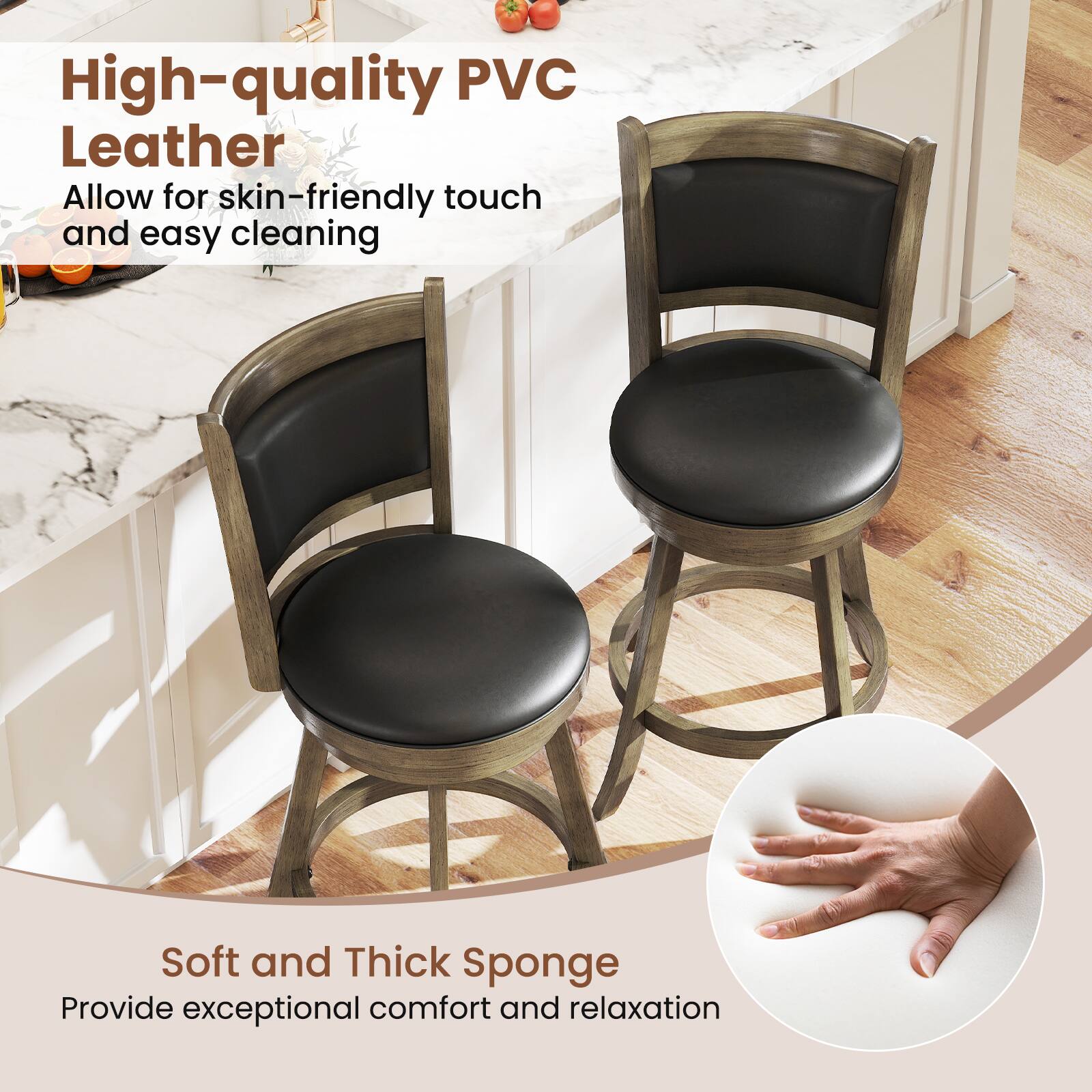 High-quality PVC Leather  
Allow for skin-friendly touch and easy cleaning  

Soft and Thick Sponge  
Provide exceptional comfort and relaxation
