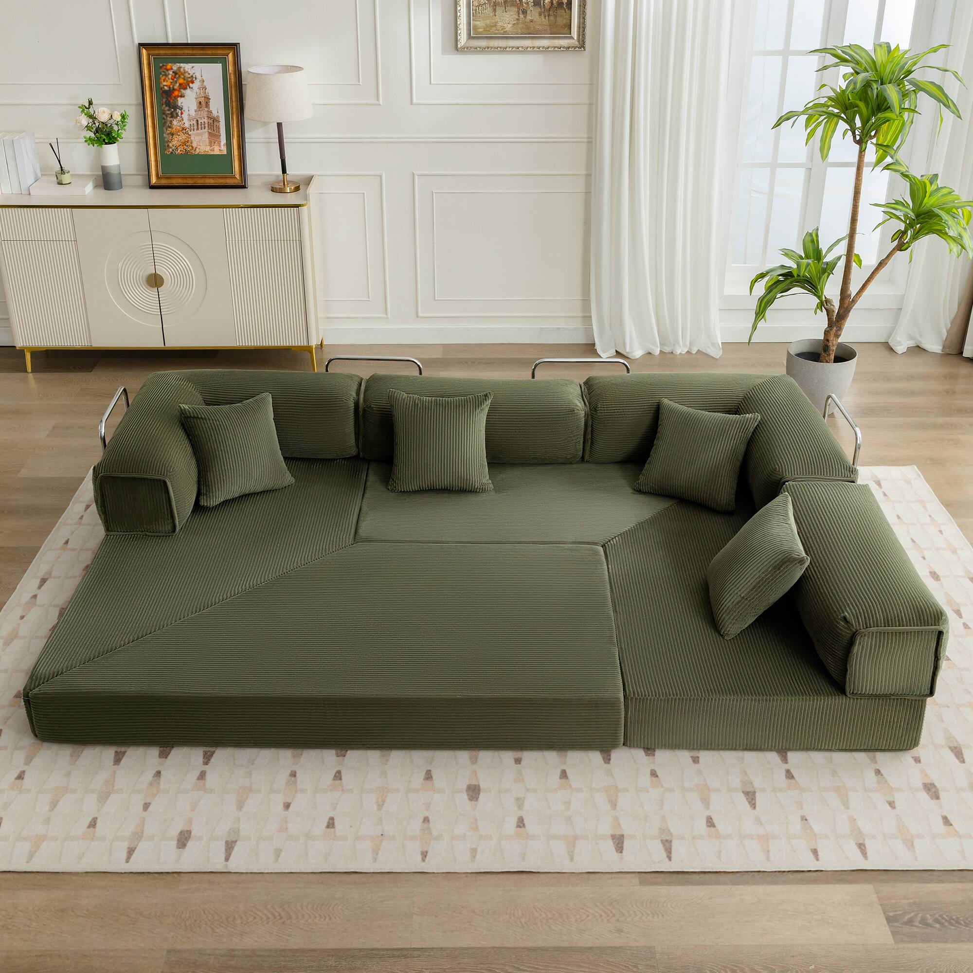 Left. KERDOM - Oversized Big Family Sofa Couch, 170 inches Extra Long Convertible Sofa Bed Sleeper Sectional Floor Building Block Couch - Olive Green.