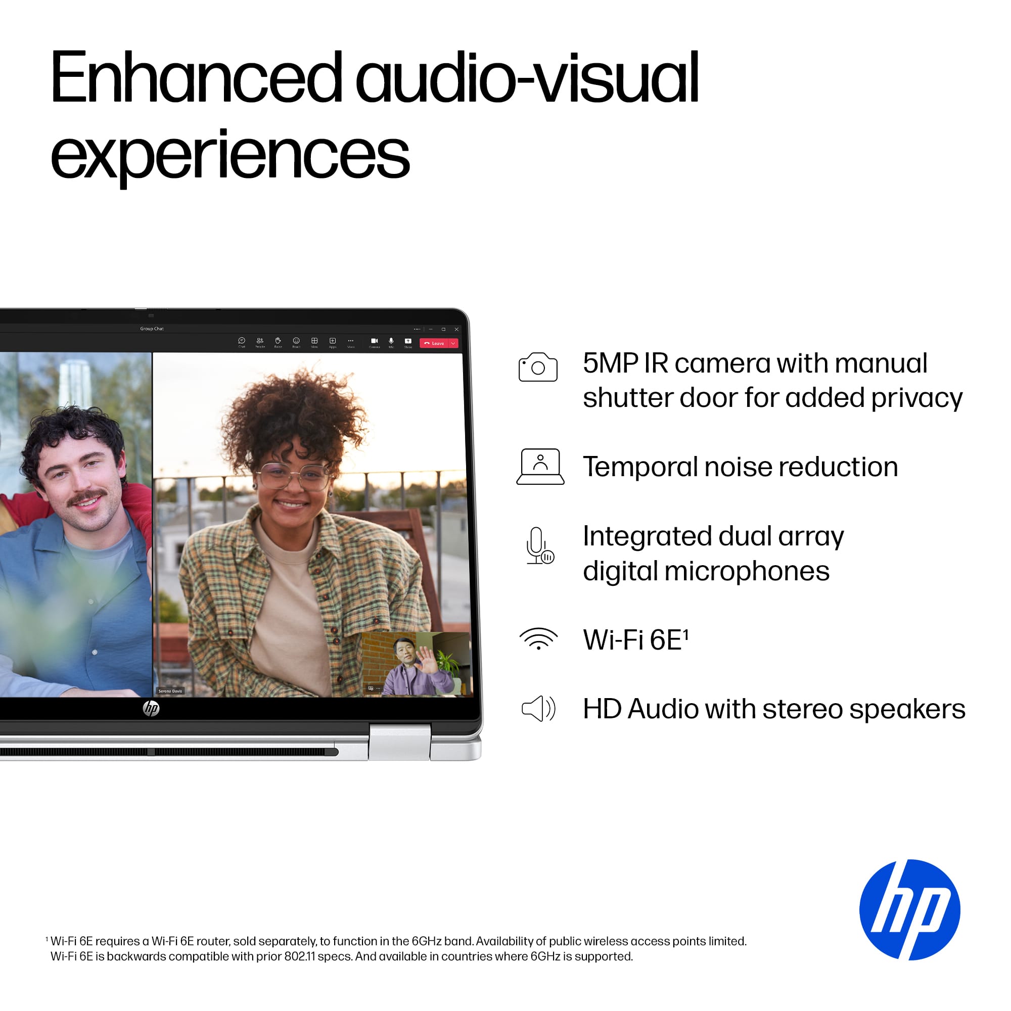 Enhanced audio-visual experiences | 5MP IR camera with manual shutter door for added privacy | Temporal noise reduction | Integrated dual array digital microphones | Wi-Fi 6E1 HD Audio with stereo speakers | Wi-Fi 6E requires a Wi-Fi 6E router, sold separately, to function in the GHZ band. Availability of public wireless access points is limited. Wi-Fi 6E is backwards compatible with prior 802.11 specs and available in countries where GHZ is supported. | hp