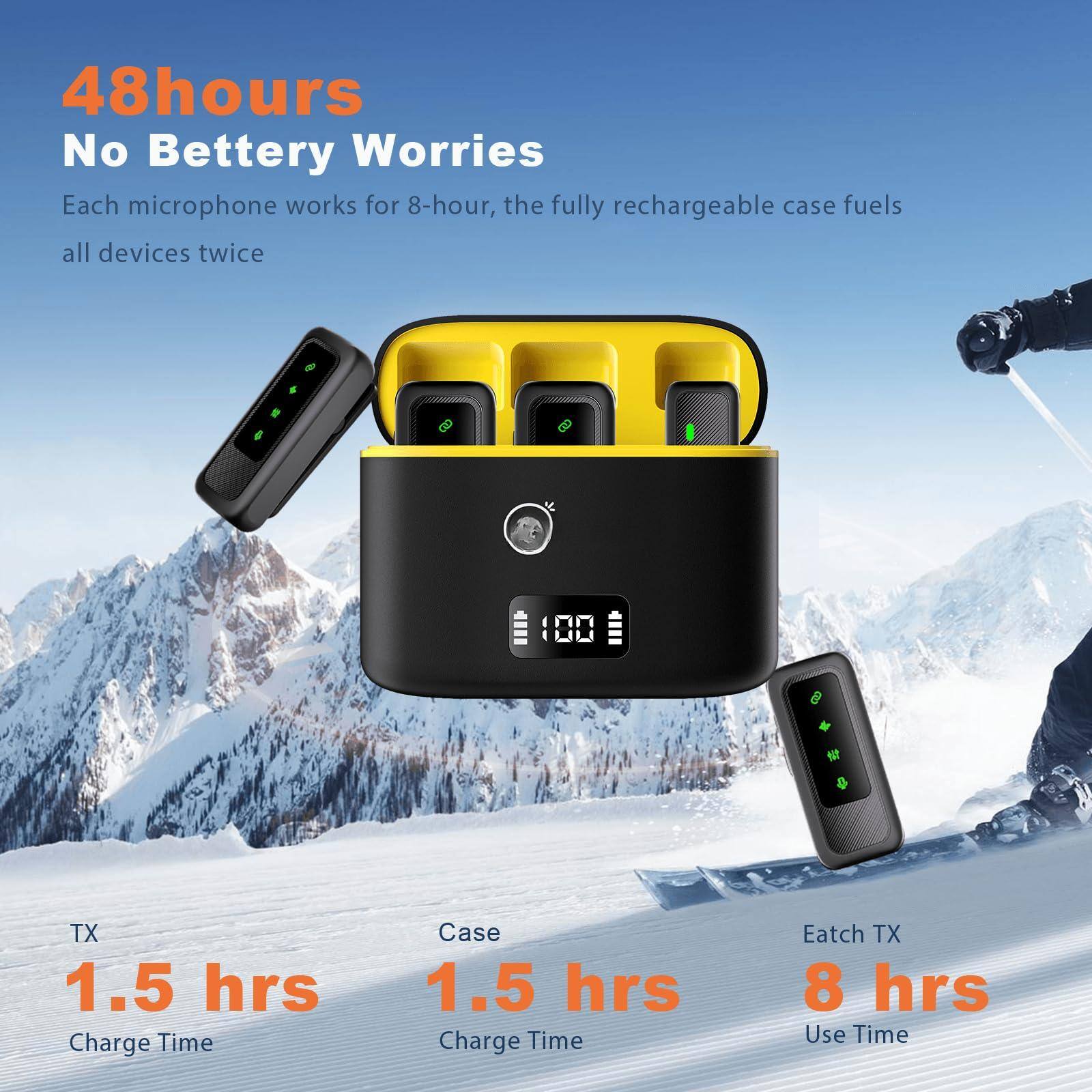48 hours  
No Battery Worries  

Each microphone works for 8-hour, the fully rechargeable case fuels all devices twice  

TX  
1.5 hrs  
Charge Time  

Case  
1.5 hrs  
Charge Time  

Each TX  
8 hrs  
Use Time