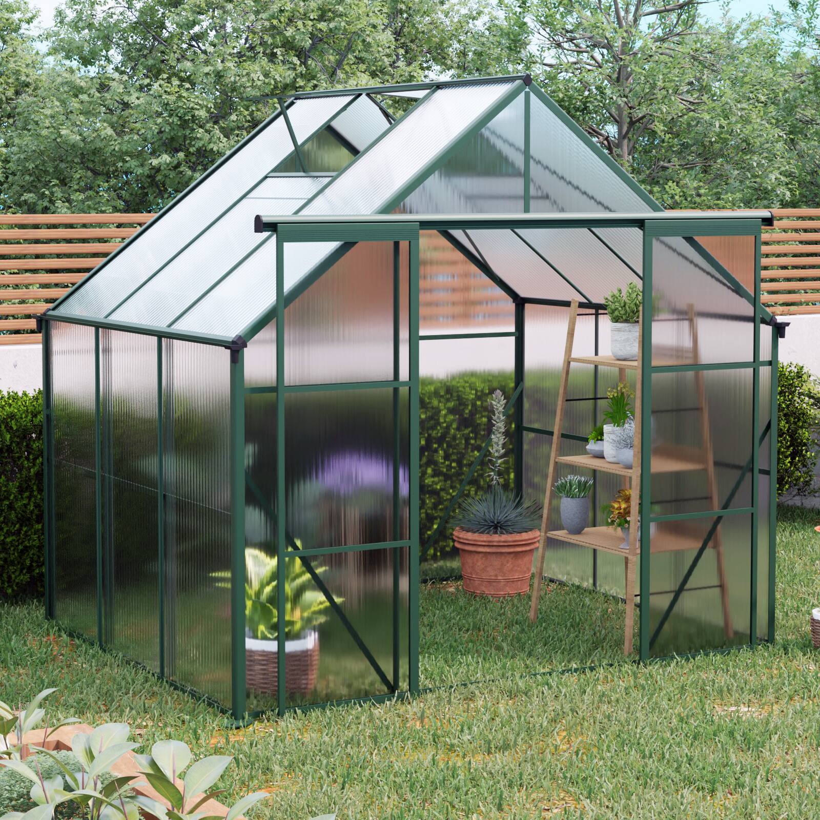 Angle. Mondawe - 8X6FT Double Door Polycarbonate Greenhouse - Green.