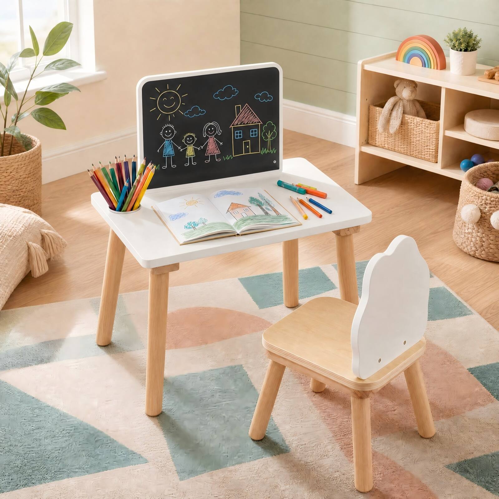 Alt View 4. Costway - Costway Kids Weaning Table and Chair Set with Chalkboard - White + Natural.