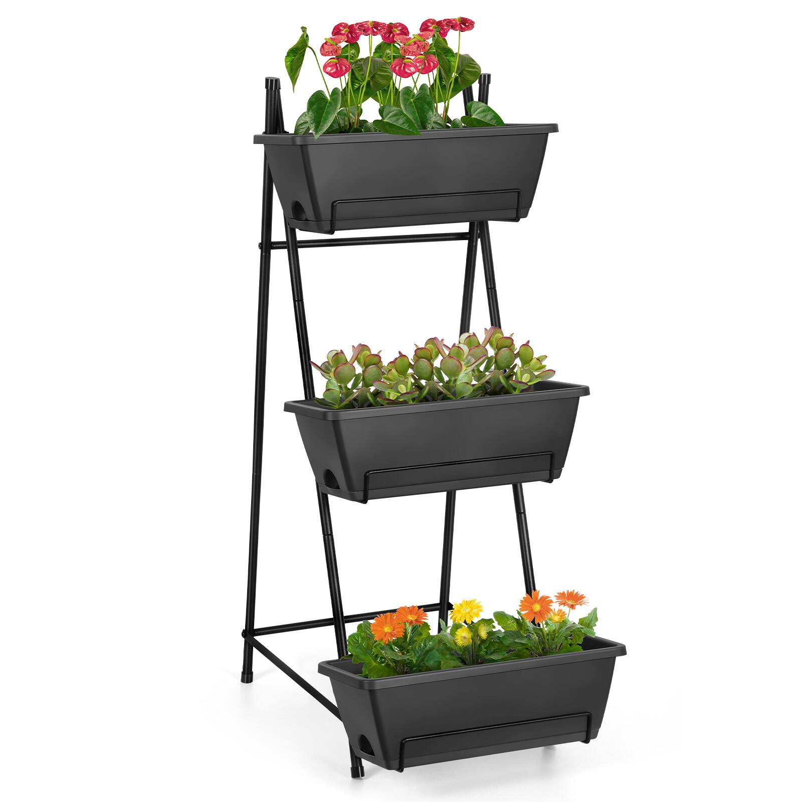 Alt View 2. Oumilen - 3-Tier Gray Flower Pot Planter Stand, Vertical Raised Rack w/ Metal Frame for Veggies Herbs Flowers 37.7 in H.
