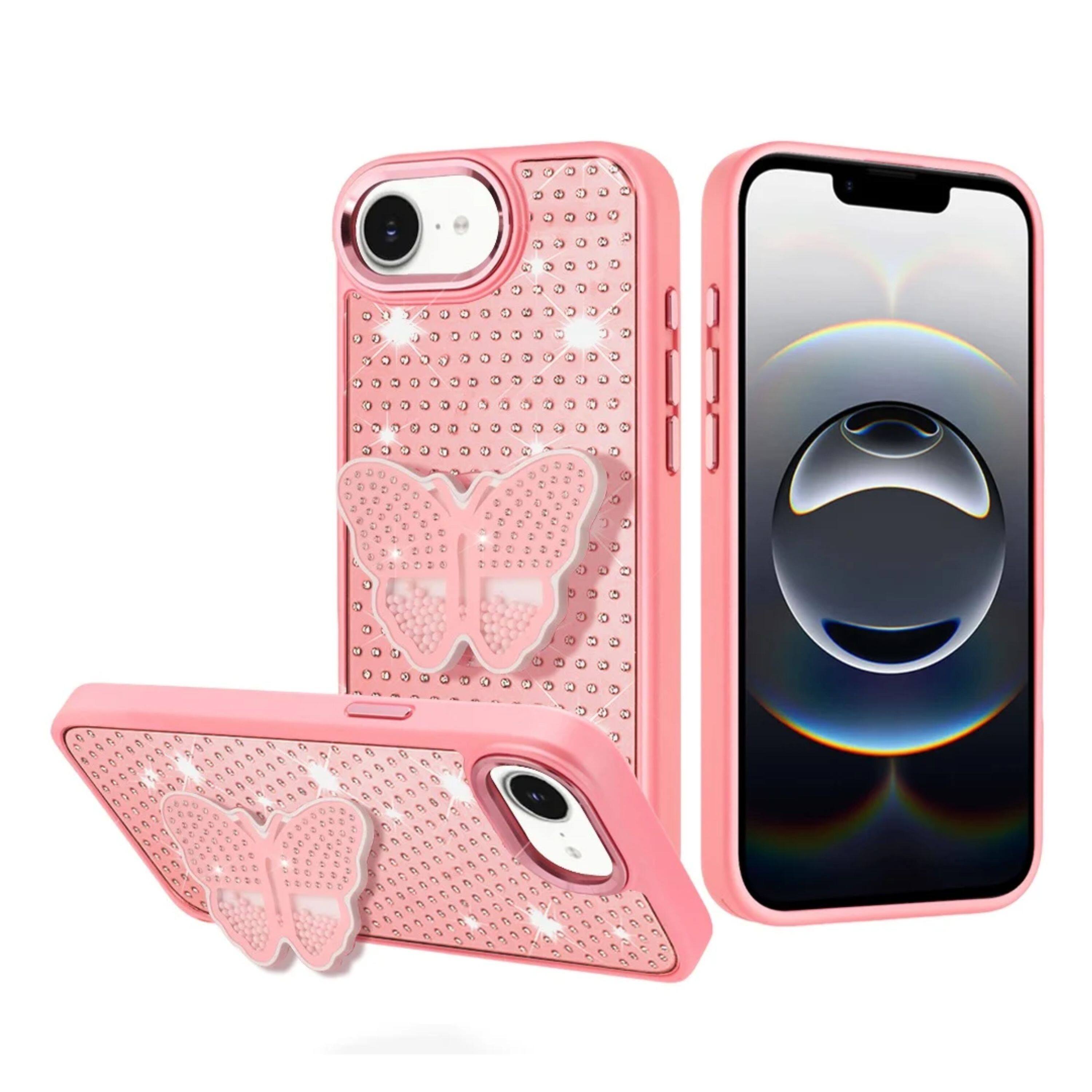 Angle. Kitcheniva - Butterfly Grip Stand Faux Crystals Phone Case With Tempered Glass For iPhone 16e/17e Pink - Pink.