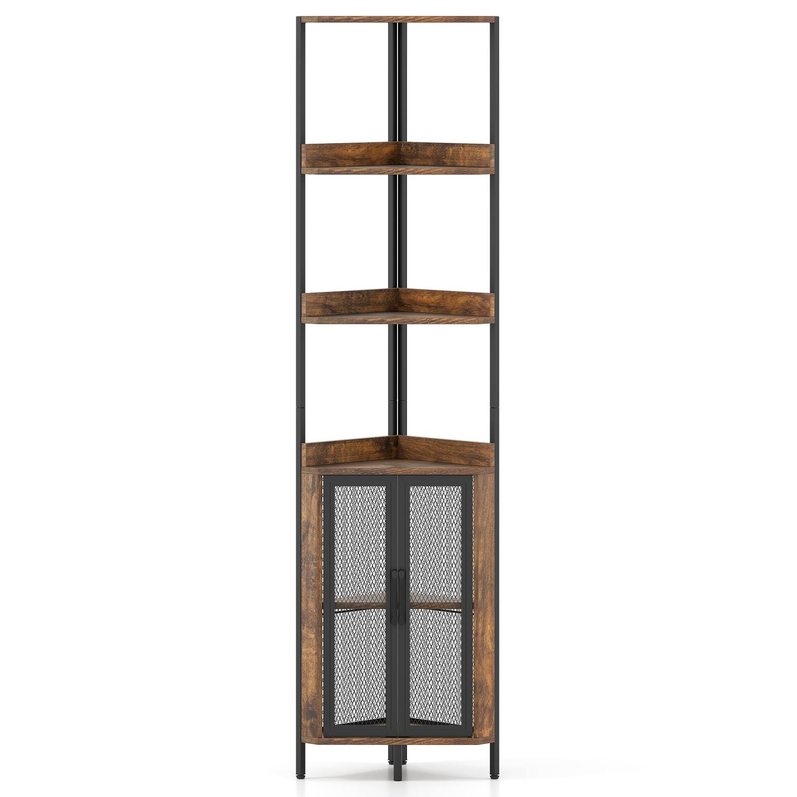 Alt View 9. Gymax - Gymax 6-Tier Corner Shelf 67'' Tall Corner Bookshelf w/Cabinet & Adjustable Shelf Rustic Brown & White - Brown.