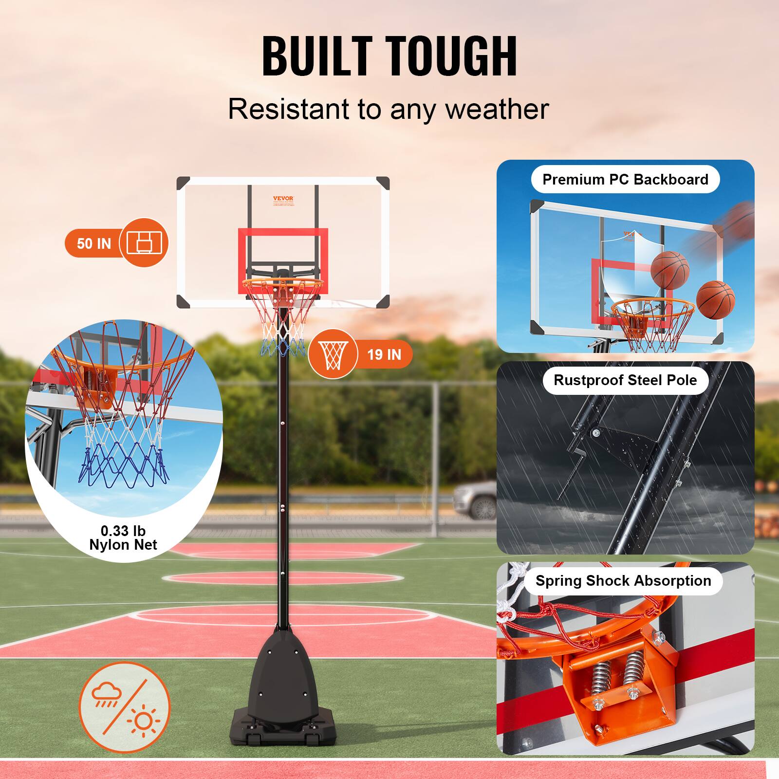 BUILT TOUGH, Resistant to any weather, Premium PC Backboard, TEPUR, 50 IN W, 19 IN, Rustproof Steel Pole, 0.33 lb Nylon Net, Spring Shock Absorption