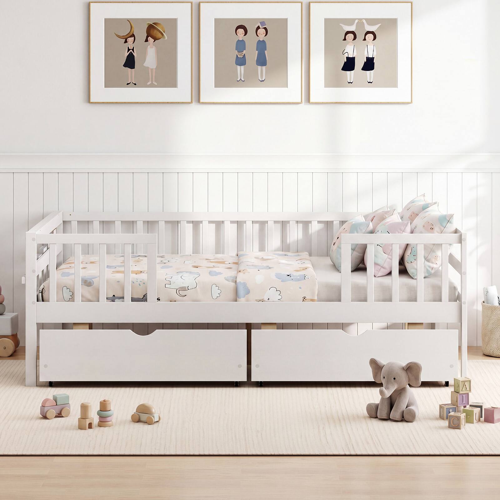 Alt View 4. Costway - Costway Full Size Daybed with Fence and 2 Drawers,Railings & Slats Support, Bed Frame - White.