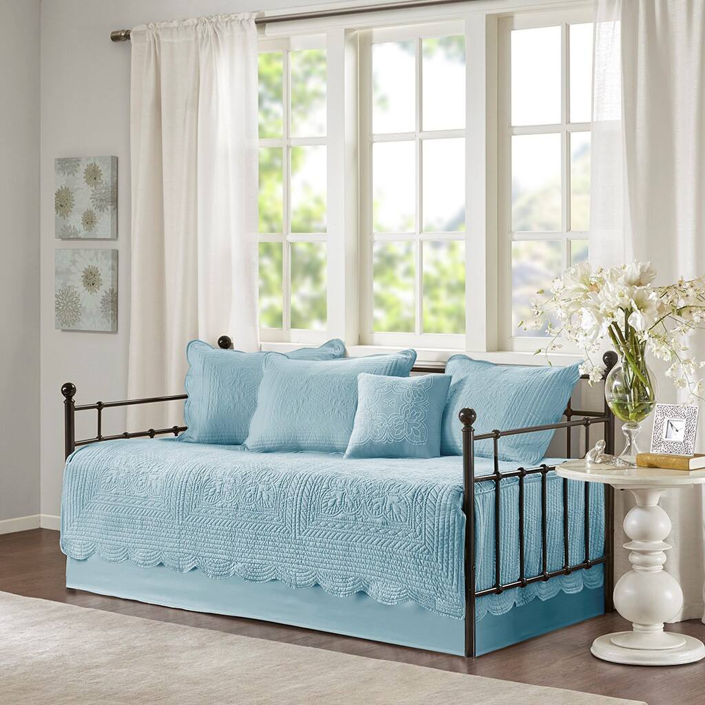 Alt View 1. Gracie Mills - Gracie Mills Paloma 6 Piece Reversible Scalloped Edge Daybed Cover Set - Blue.
