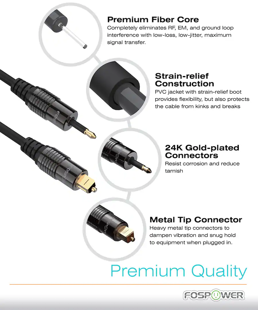 FosPower 24K Gold Plated Toslink to Mini Toslink Cable 6FT, S/PDIF