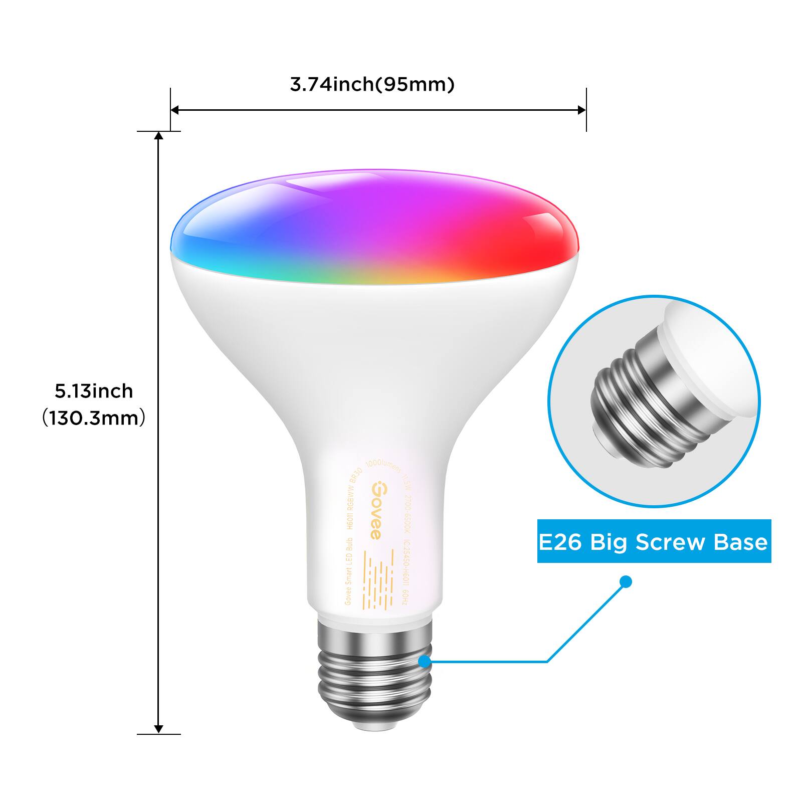 The image features a Govee LED light bulb with a rainbow color spectrum. It is a smart LED bulb with a big screw base and can be used with a 3.74 inch (95mm) or 5.13 inch (130.3mm) base. The bulb has a color temperature range of 2700-6500K and is suitable for dimmable LED lights.